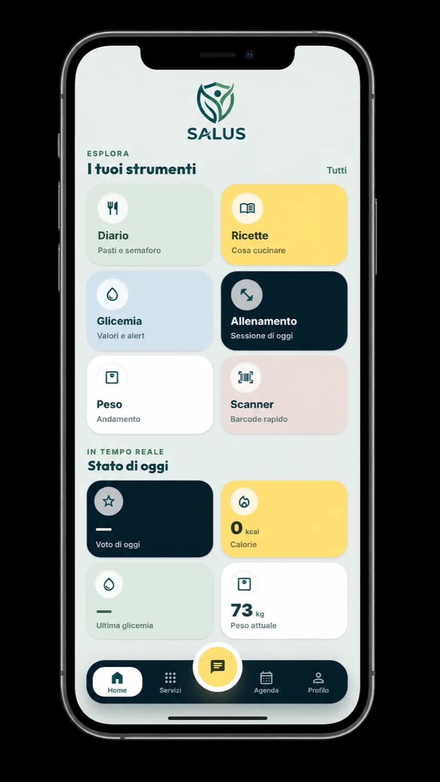Schermata Salus con diario, ricette, glicemia, allenamento, peso e scanner